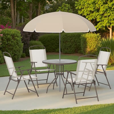 6-Piece Outdoor Patio Dining Set with Umbrella, 4 Folding Dining Chairs, and Round Glass Table