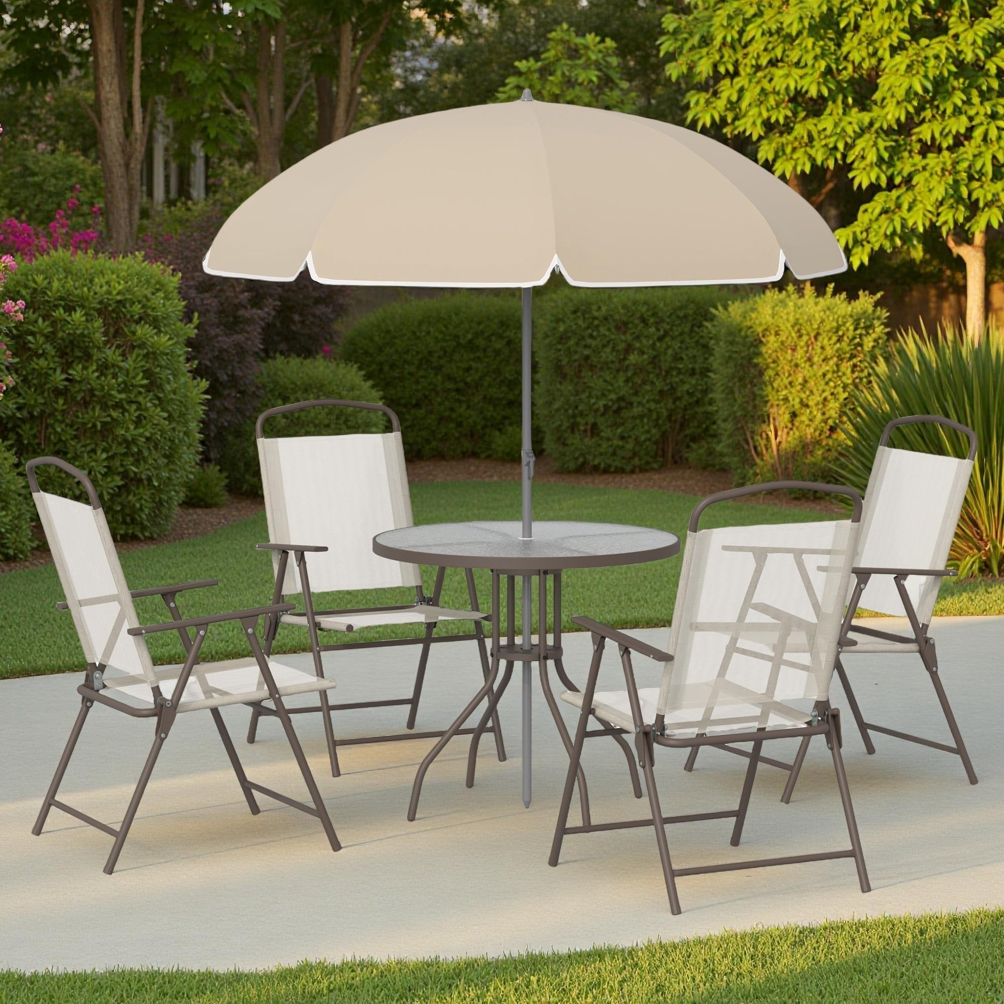 6-Piece Outdoor Patio Dining Set with Umbrella, 4 Folding Dining Chairs, and Round Glass Table