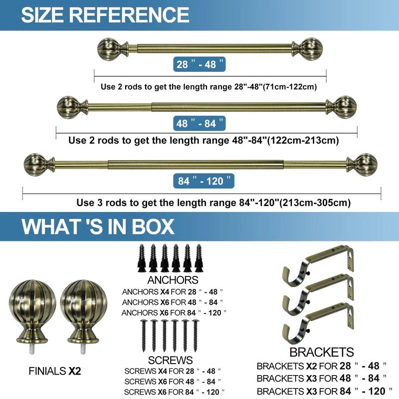 1-inch Diameter Fluted Ball Adjustable Single Drapery Curtain Rod