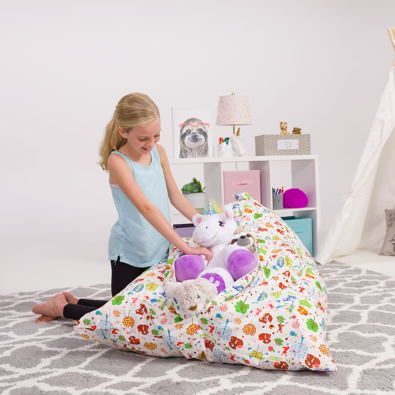 Stuffie Animal Storage Bean Bag Chair Cover, Room Organizer - 200 Liter Capacity Large - Canvas Animals Forest Critters