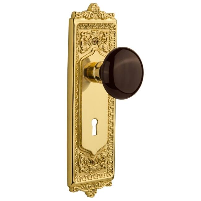 Nostalgic Warehouse Brown Porcelain Privacy Door Knob Set with Solid - Unlacquered Brass
