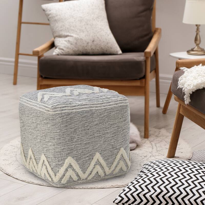 16" Modern Grey Pouf Ottoman with Abstract Pattern and Upholstered Floor Seat Footrest and Decor