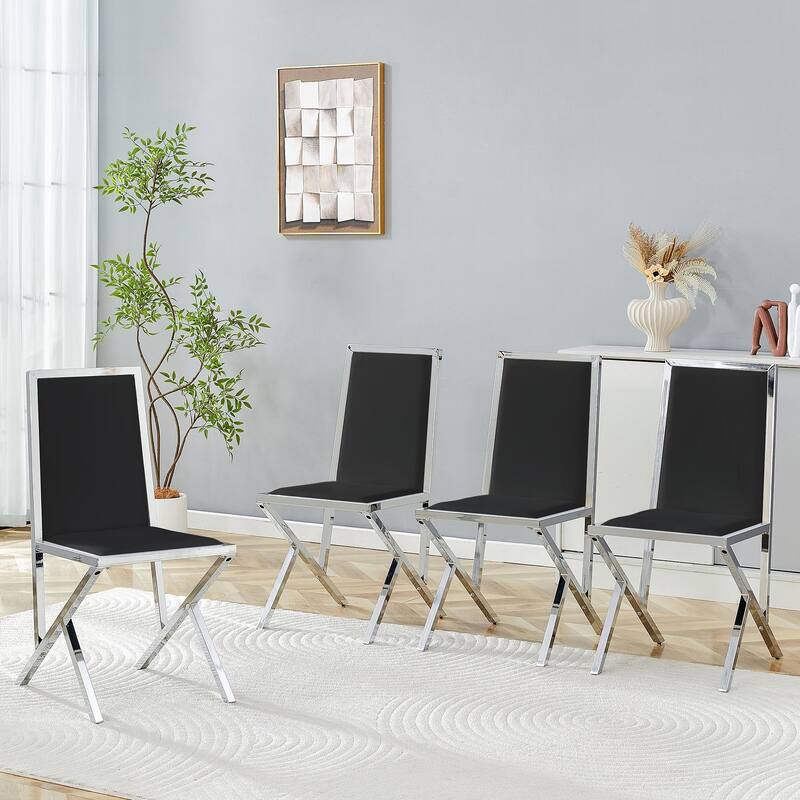 Set Of 4, Metal Framed Black PU Dining Chairs: Ergonomic Design, A Simple And Luxurious Choice - Black+Silver