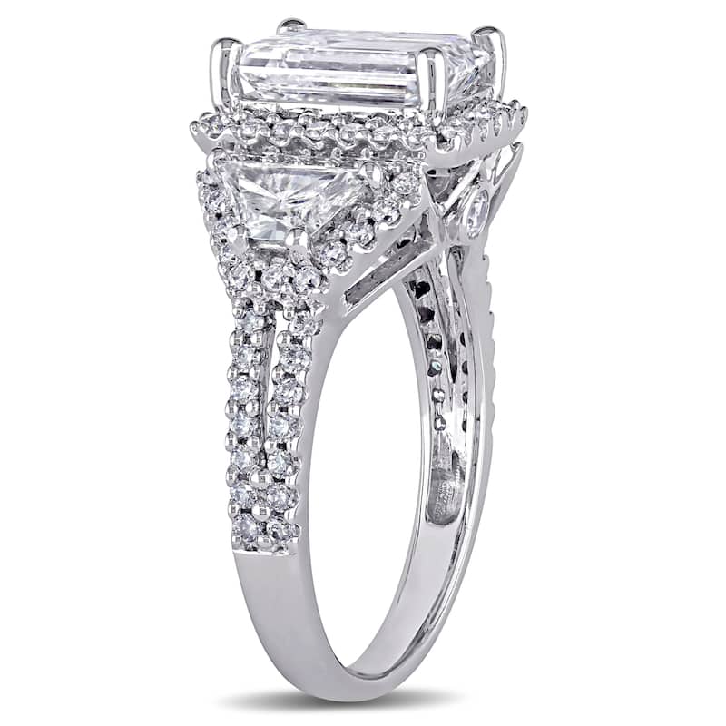 Miadora 3 3/4ct TDW Emerald Cut, Trapezoid and Round Diamond Halo Engagement Ring in 14k White Gold