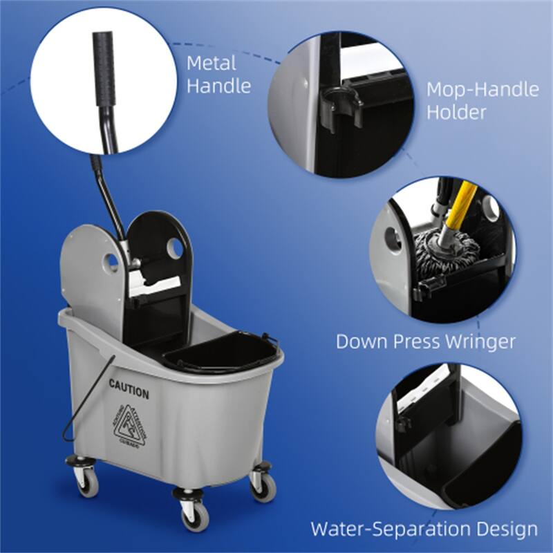 9.5 Gallon Cleaning Mop Bucket with Down Press Wringer Wheels and Water Separation Design - 21.25" L x 16.25" W x 36" H