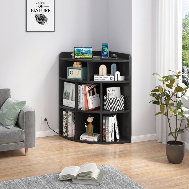 VECELO Corner Cabinet with Charging Station or No Charging Station 3-Tier Bookcase Storage Organizer Triangle Corner Bookcases