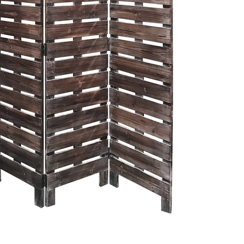 4 Panel Wooden Room Divider with Horizontal Planks, Brown