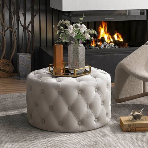 29.5"Wide Classic Button Tufted Velvet Round Ottoman Living Room Footrest Without Storage