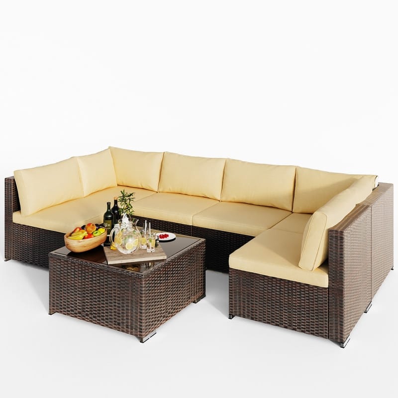 7-Pieces Outdoor PE Garden Furniture Wicker Rattan Patio Furniture Wicker Sectional Conversion Set