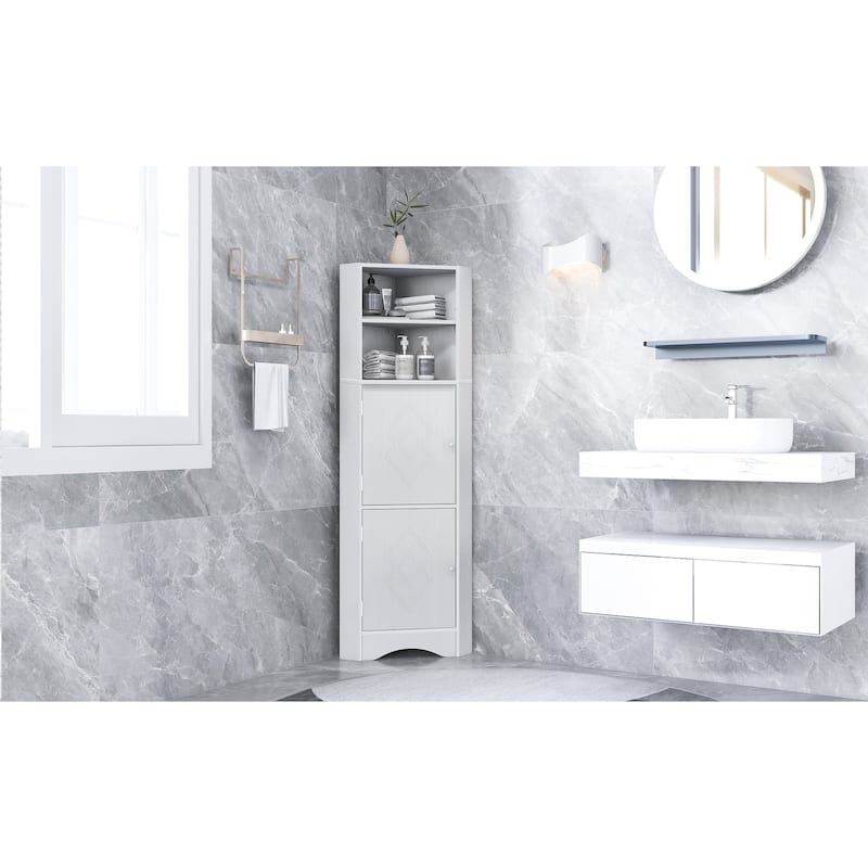 Roomfitters Tall Bathroom Corner Cabinet with Adjustable Shelves and Doors Freestanding MDF Storage Tower