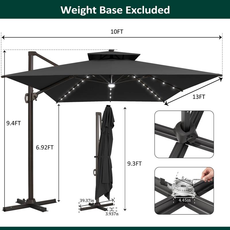 10 X 13 FT Outdoor Patio Cantilever Umbrella with Solar Lights Double Canopy 360 RotationTilt
