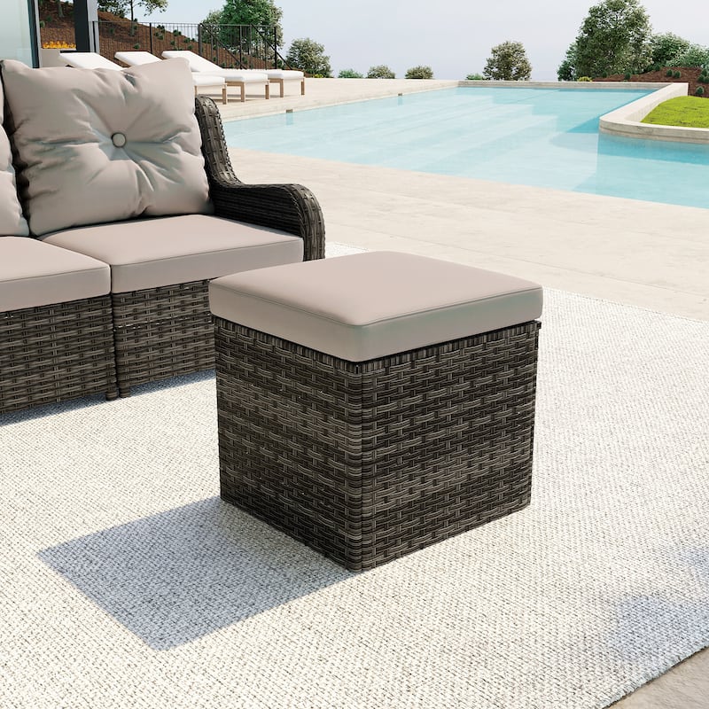 17.7" W Outdoor Rattan Patio Square Ottoman with Seat Cushion