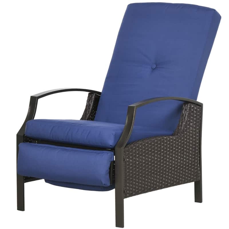 Outdoor Recliner Chair with Cushions Hand Woven PE Wicker Steel Frame Adjustable Three Position Patio Lounge Chair - Dark Blue