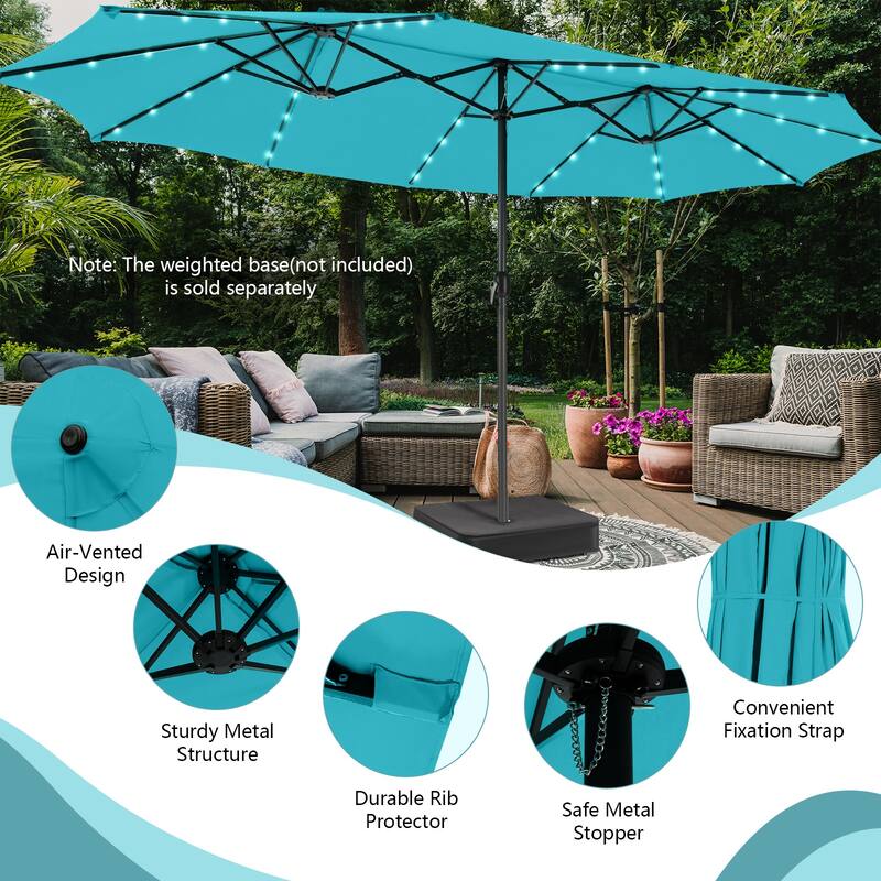 15ft Twin Outdoor Patio Umbrella with 48 Solar LED Lights and Crank