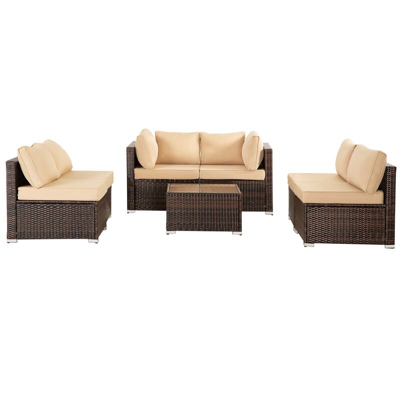 7-PC Wicker Patio Conversation Set with Brown Cushions, 6 sofas, 1 table
