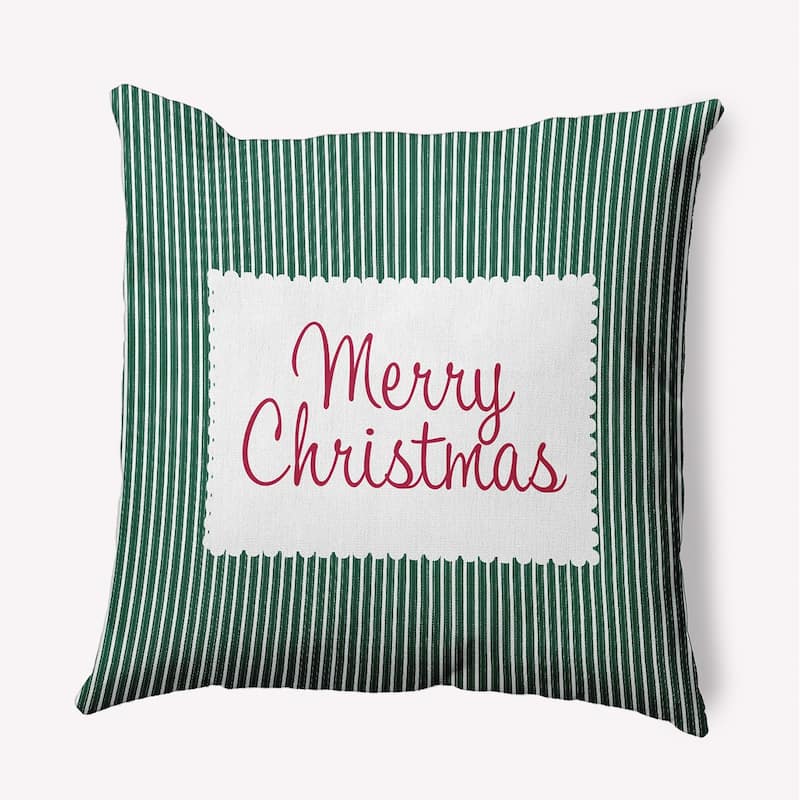 Merry Christmas Ticking Indoor/Outdoor Throw Pillow - 16" x 16" - Forest Green