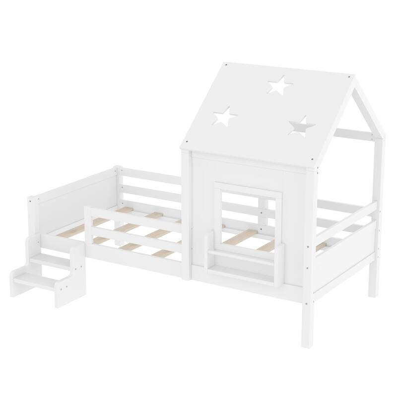 Low Profile Stairs Platform Bed Wood House Bed with Cute Star-shape Roof, Window, Bookcase and Blackboard for Boys and Girls