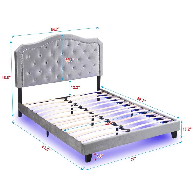 Queen Size Upholstered Platform Bed with LED Lights and Light Grey Velvet