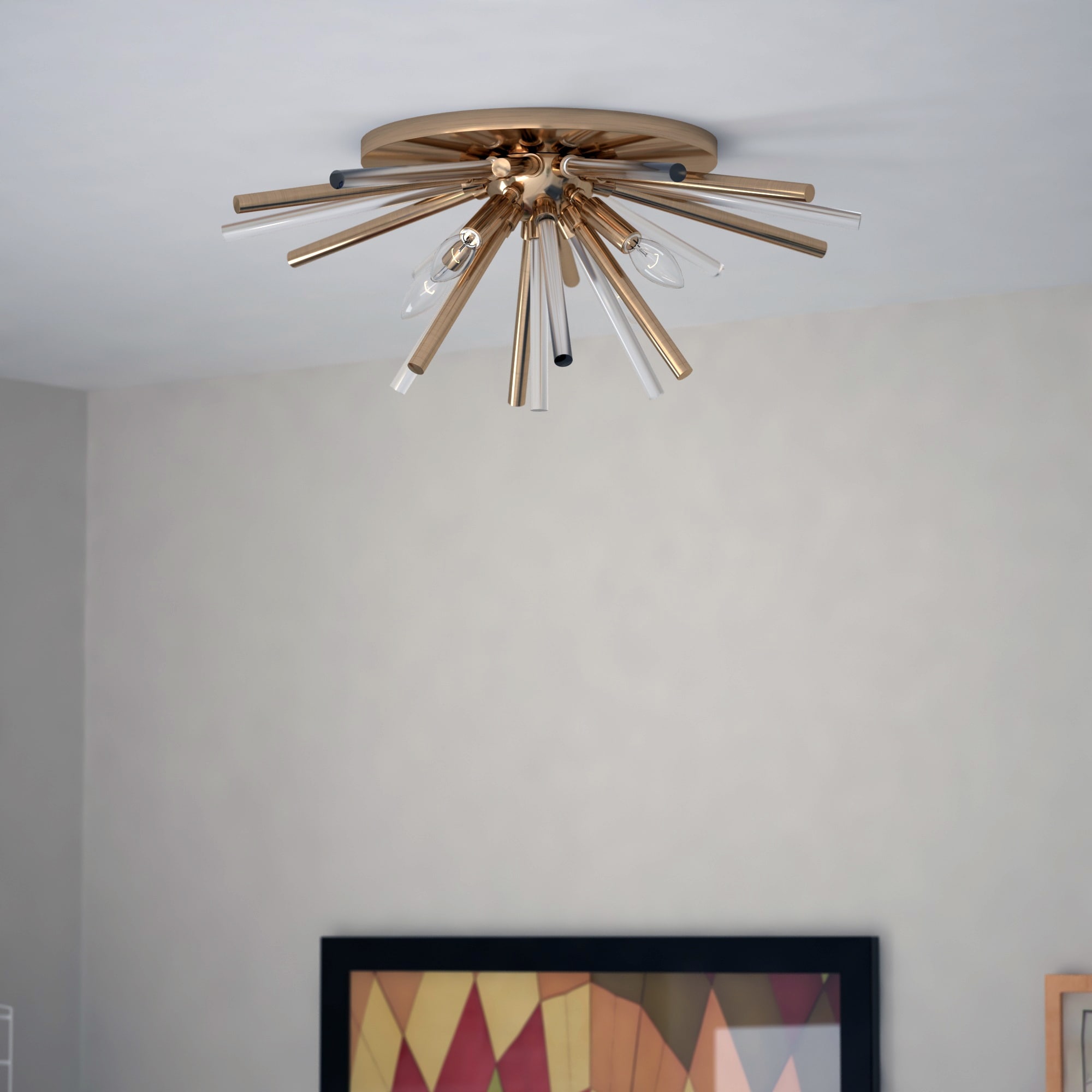 VAXCEL Aria 22.5-in Natural Brass 4 Light Mid Century Modern Sputnik Flush Mount Ceiling Fixture with Glass Accents