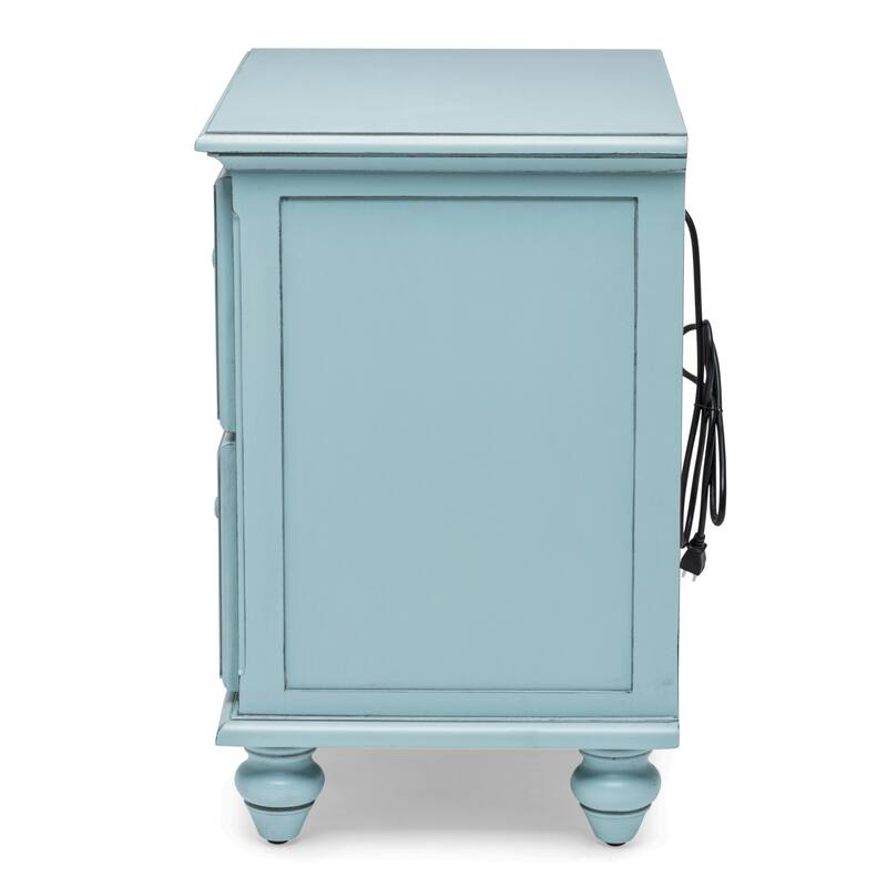HomeRoots 28" Blue Solid Wood Distressed Two Drawer Nightstand With USB Port