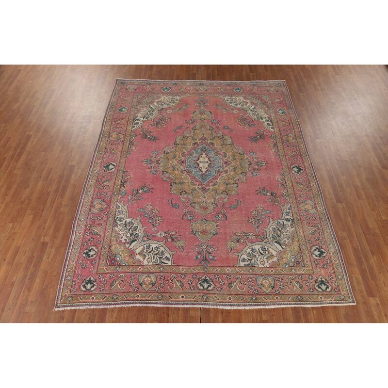 Pink Tabriz Vintage Persian Rug Hand-Knotted Wool Carpet - 8'3" x 10'10"