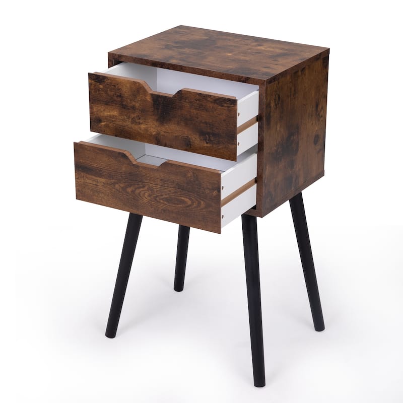 Modern Nightstand with 2 Drawers, Solid Wood Legs, Spacious Storage, Rustic Brown End Table for Bedroom or Living Room