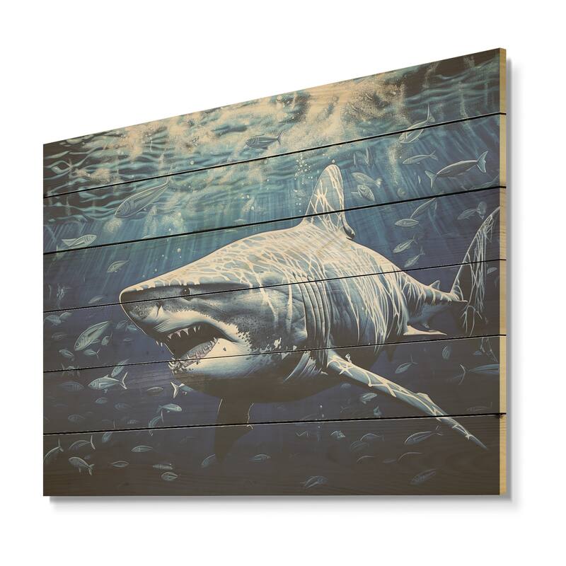 Designart "Bull Shark Depths Photography" Shark Wood Wall Decor - Modern Blue Wood Panel On Natural Pine Wood