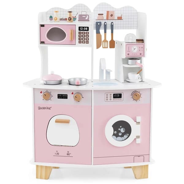 slide 2 of 6, Pretend Play Kids Kitchen Playset Large Wooden Toy Kitchen Set Pink