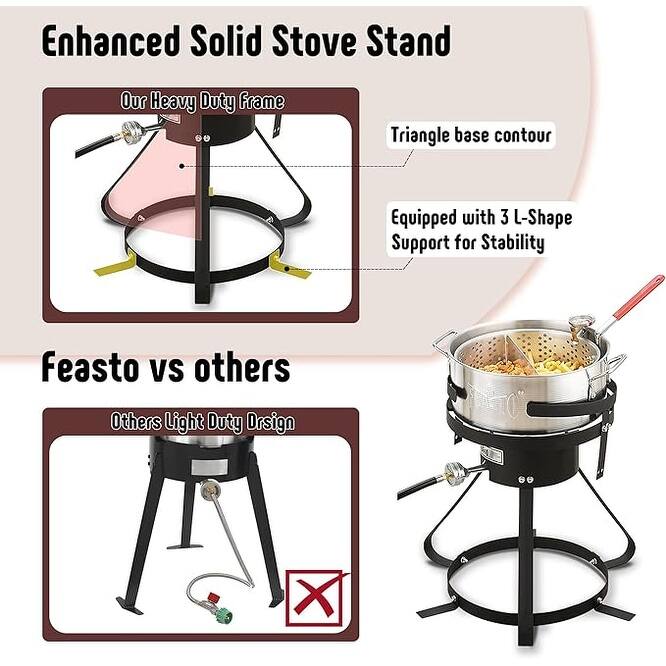 FEASTO 10 Qt Aluminum Outdoor Propane Gas Fryer Pot Kit with Strainer Basket, 50,000 BTU Burner, Perfect for Boiling and Frying