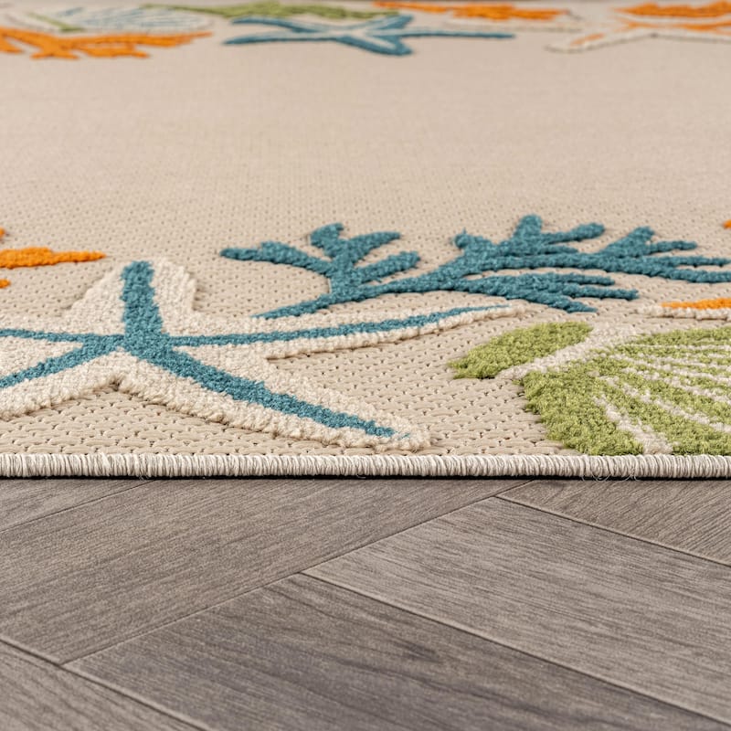 World Rug Gallery Indoor/Outdoor High-Low Textured Area Rug, Coastal Border Easy-Clean Patio Rug