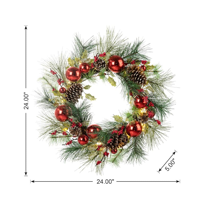 24"D Pre-Lit Ball Berry Holly Pinecone & Ornament Wreath with Brown Window Frame Set