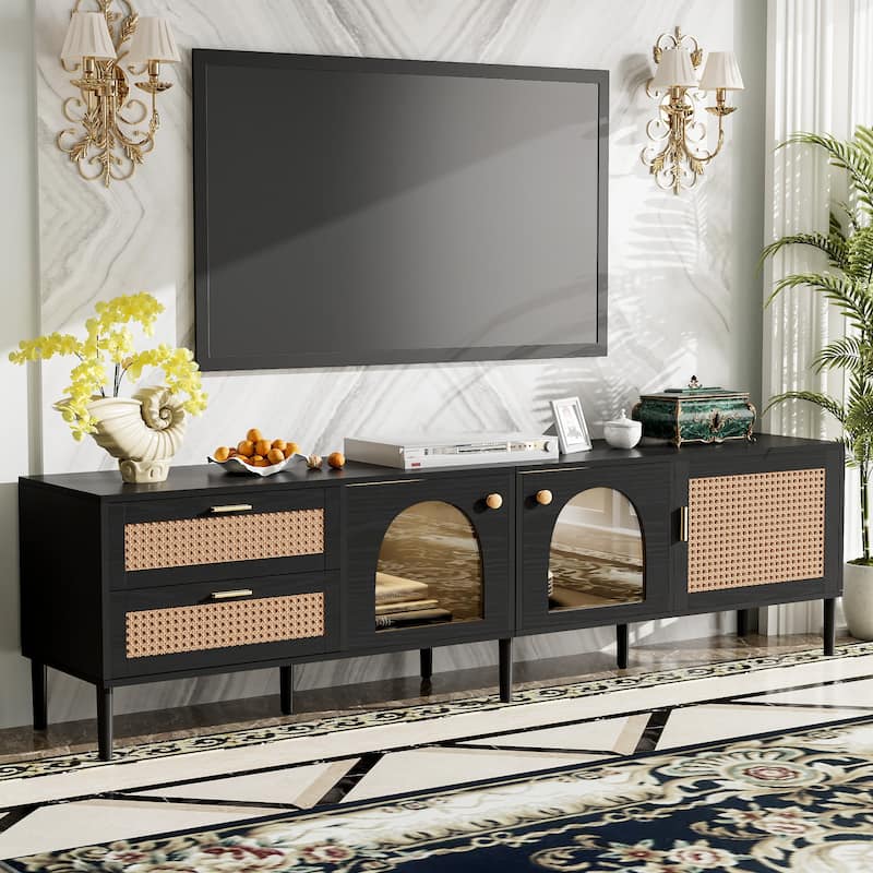 Rattan LED TV Stand with 3 Doors and 2 Drawers, Console Table with Solid Wood Legs, Entertainment Center with Storage Cabinets - Black