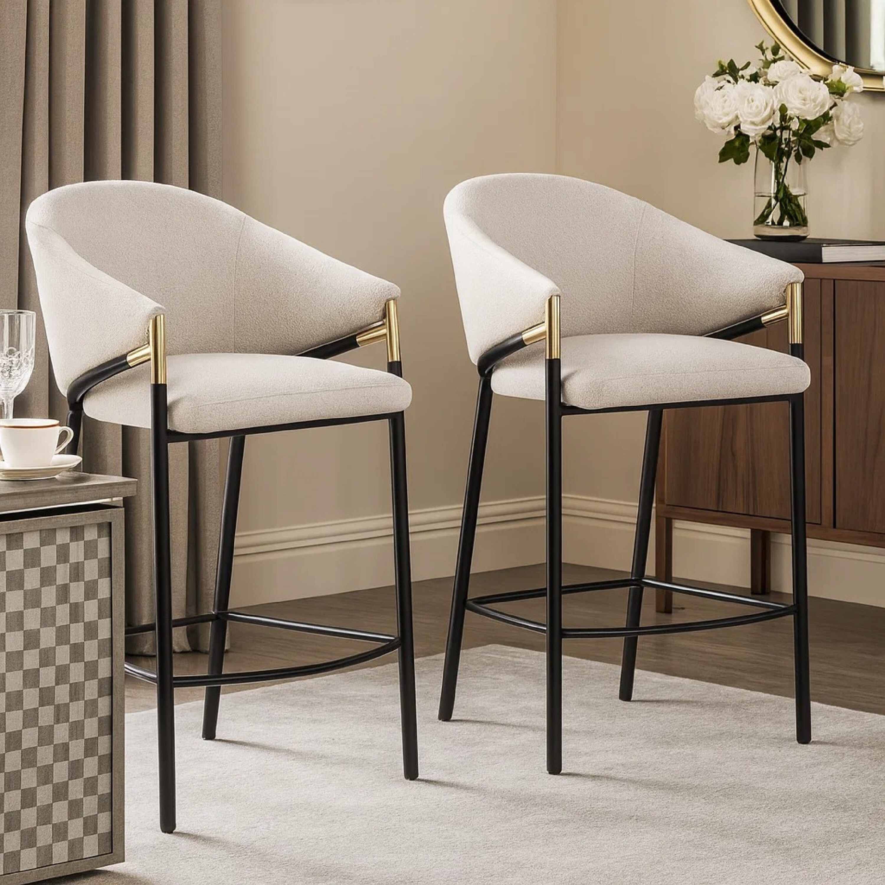 Fil 27 Inch Counter Height Stools, Set of 2, Padded Curved Back, Beige Linen
