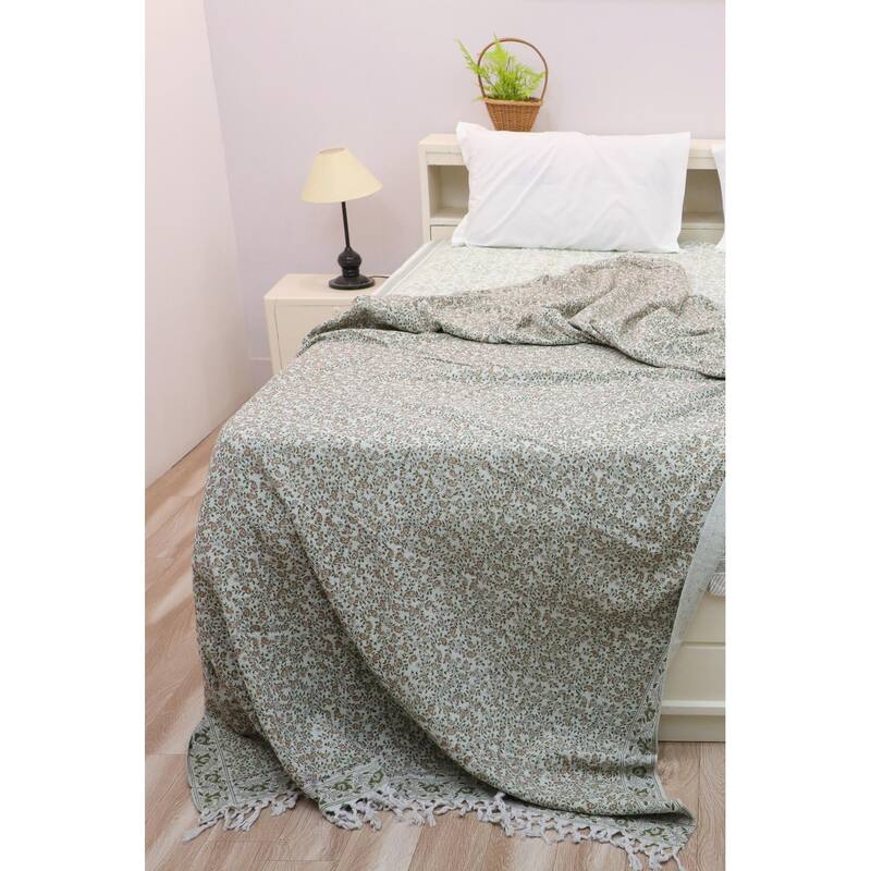 Fabdivine Keri Jaal Handcrafted Cotton Throw - Traditional Indian Block Print Blanket with Fringe, 90" x 54" - 90" x 54" - Green