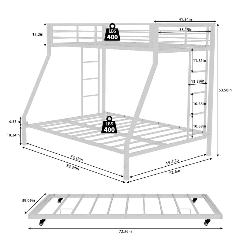 Modern Square Tube Bunk Bed with Ladder and Rolling Trundle Bed