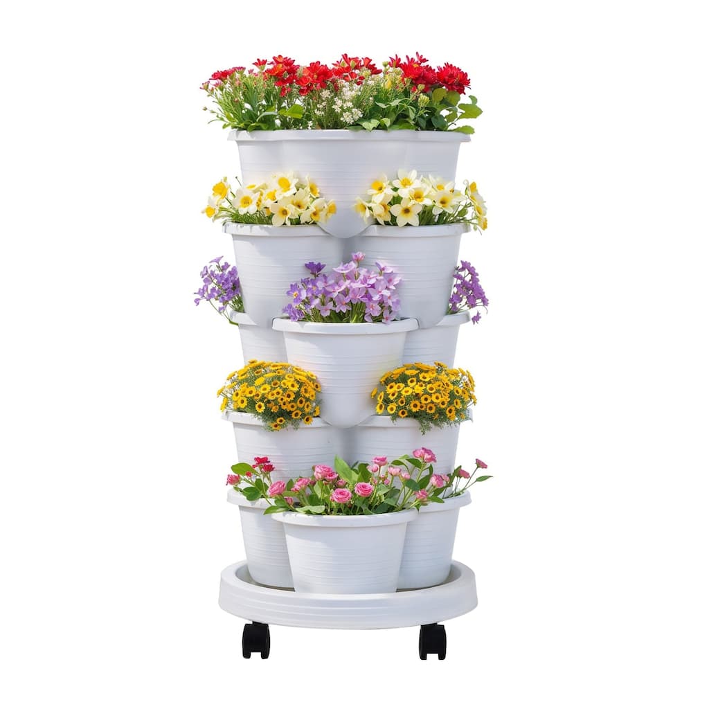 Javlergo 5 Tier Stackable Strawberry Planter White Vertical Garden Planter with Wheels for Indoor and Outdoor Use