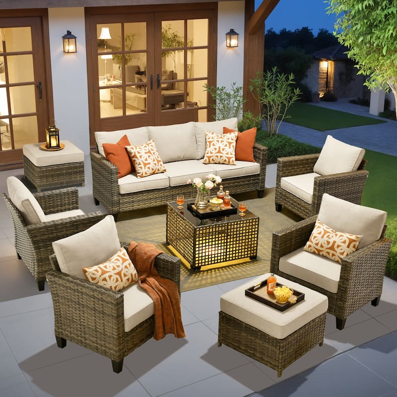 OVIOS 8 Pieces Outdoor Wicker Sectional Set With Solar-Powered CoffeeTable - Beige