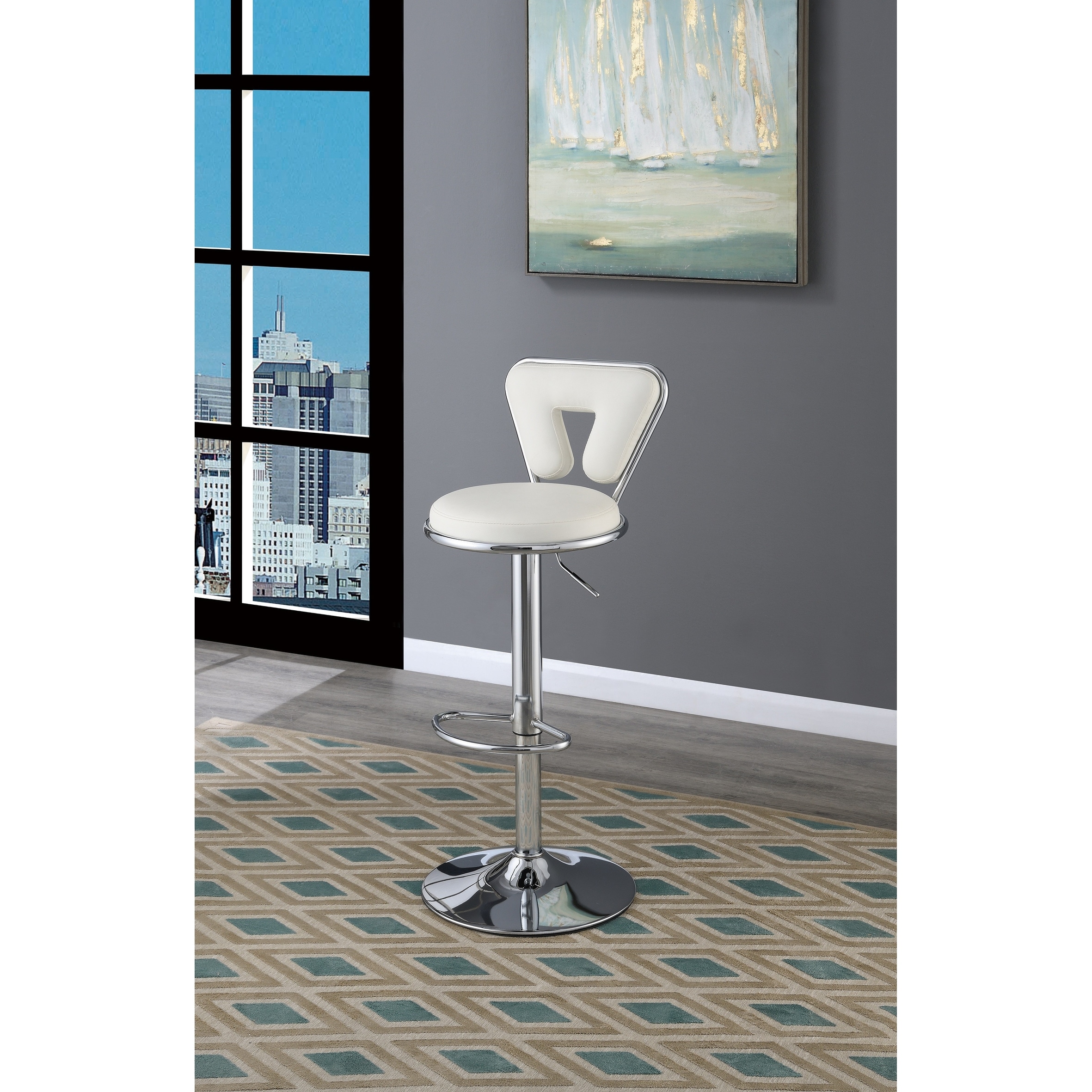 Modern Adjustable Bar Stools Set of 2 Faux Leather Chrome Base Sleek Metal Frame