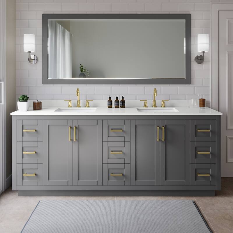 Wyndham Collection WCF292984D-QTZ-US3M70 Miranda 84" Free Standing - Dark Gray / White Quartz Top / Brushed Gold