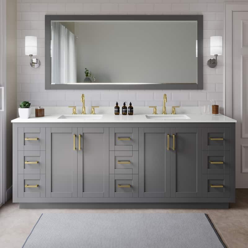 Wyndham Collection WCF292984D-QTZ-US3MXX Miranda 84" Free Standing - Dark Gray / White Quartz Top / Brushed Gold