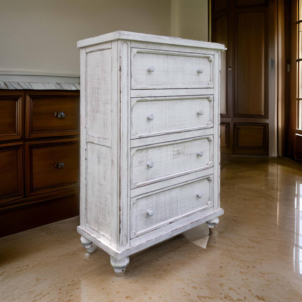 Genie 54 Inch Tall Dresser Chest 4 Drawers White Solid Mango Wood