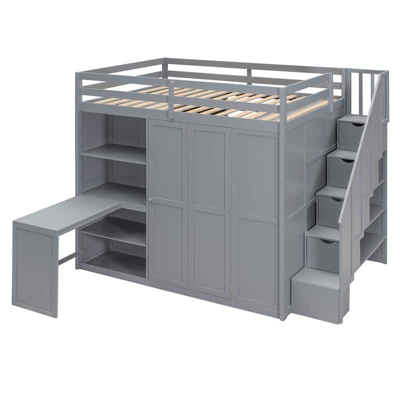 Full Loft Bed with Wardrobe - Space-Saving Design with Desk & Shelves