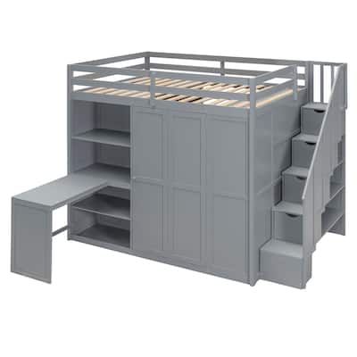 Full Size Loft Bed With Wardrobe,Desk And Shelves,Equipped With Three Foldable Shelves On Each Side