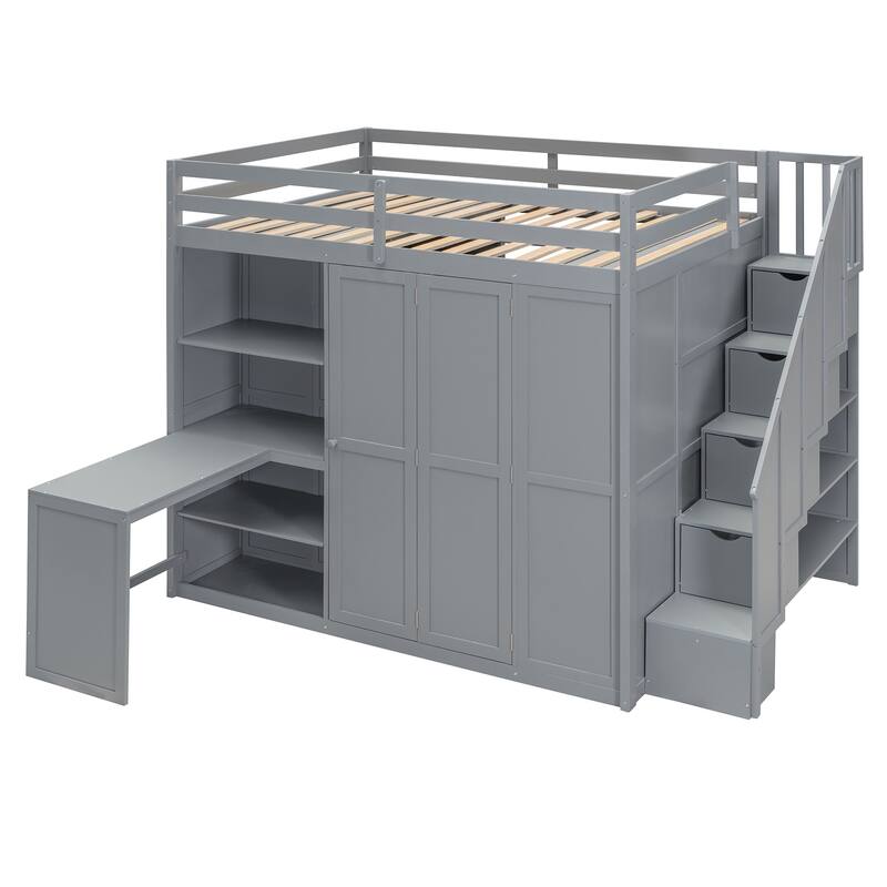 Full Size Loft Bed with Built-in Wardrobe, Desk and Shelves in Modern Gray