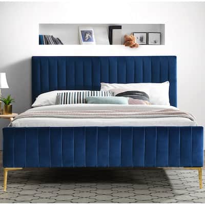 Omax Decor Julia Upholstered Platform Bed with Channel Tufted Headboard and Gold Legs