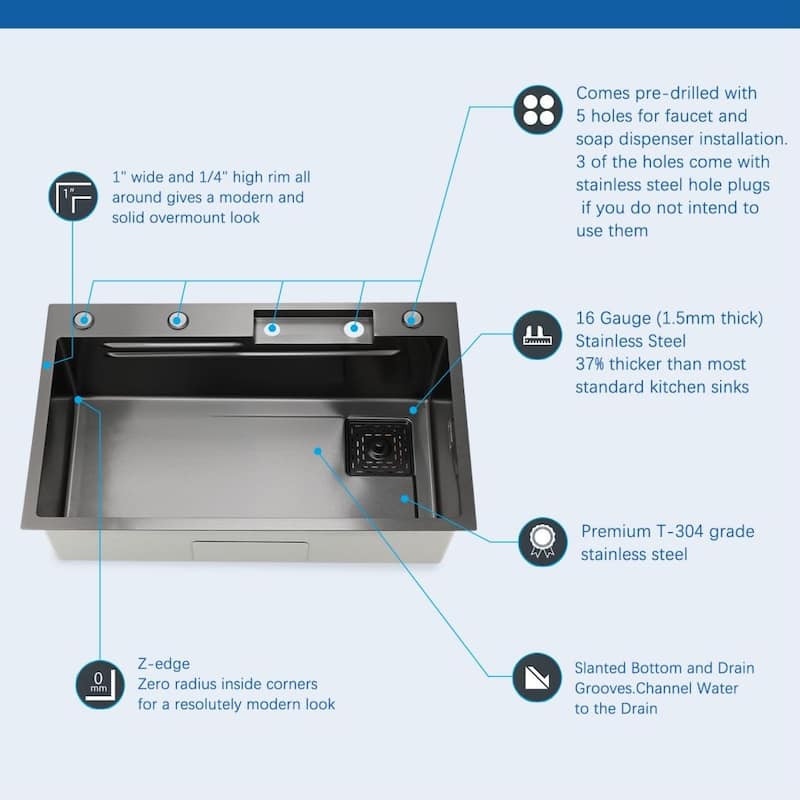 Lordear 29.5" Versatile Workstation Drop-In Stainless Steel Kitchen Sink 16 Gauge Single Bowl - 29.5"x18"