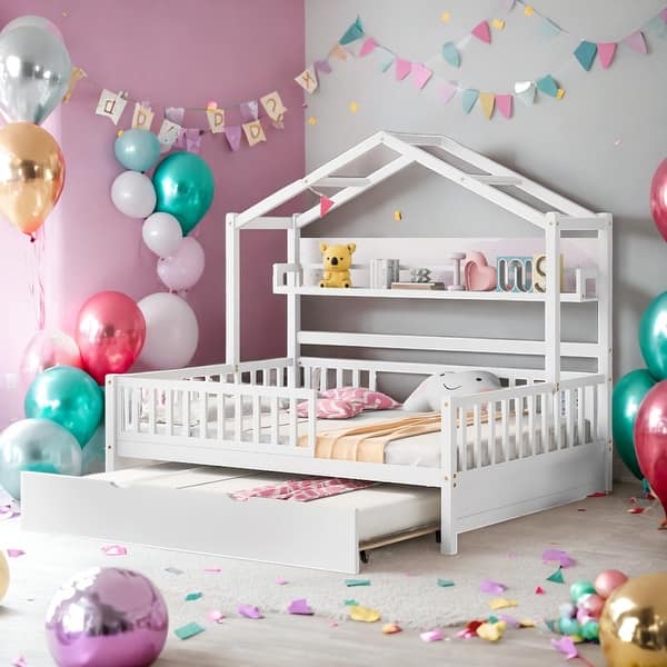 slide 2 of 35, Full Size Wooden House Bed Kids Bed with Twin Size Trundle and Shelf White