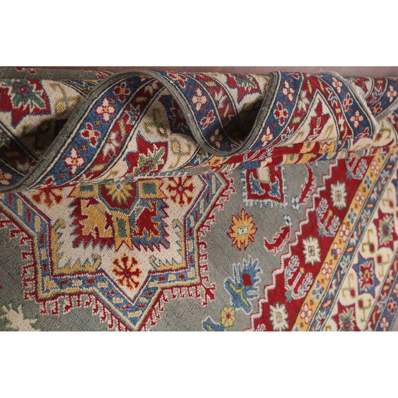Hand Knotted Oriental 100% Wool Carpet Traditional Geometric Greys & Charcoal Kazak Area Rug - 9' 10'' X 6' 9''