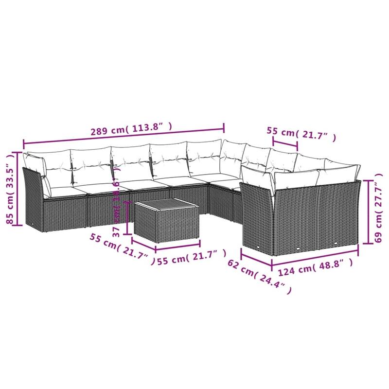 vidaXL Patio Sofa Set with Cushions Outdoor Furniture 11 Piece Poly Rattan - 21.7 x 21.7 x 14.6