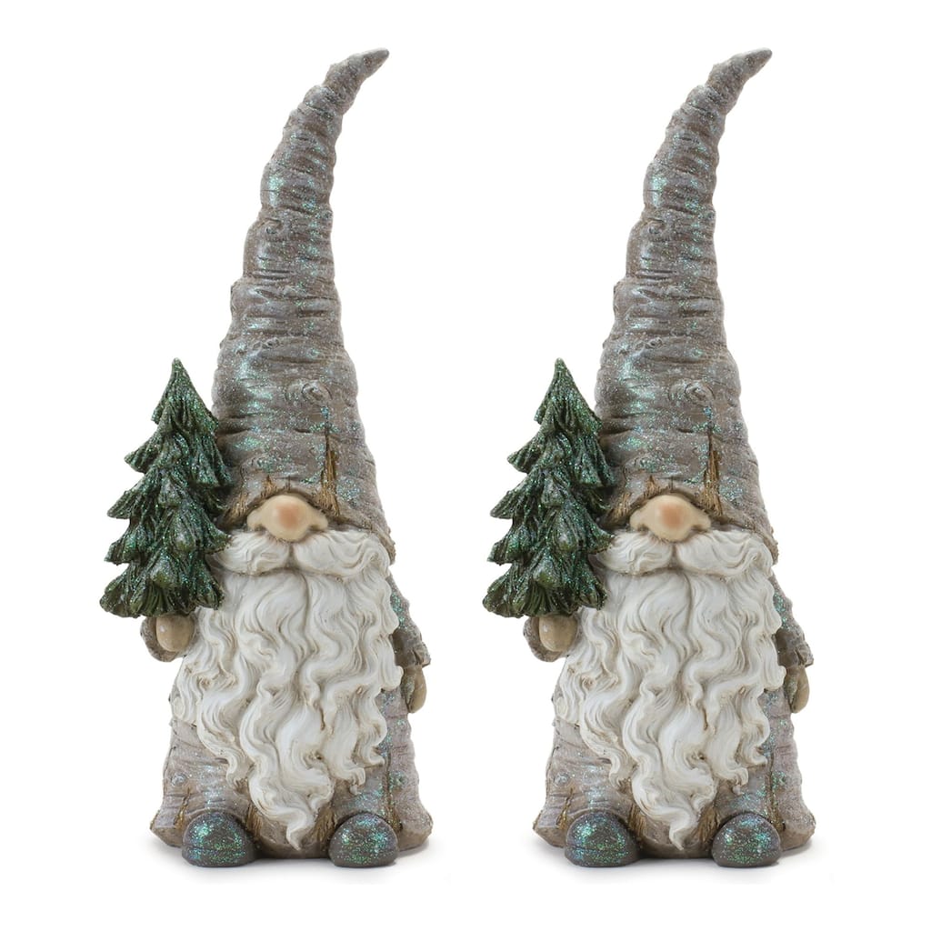 2 Gnome Holding Pine Tree Trunk Christmas Tabletop Figurines 13.5"